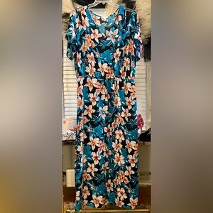 Floral Teal Black and Peach Cold Shoulder Maxi Dress - Size 2X